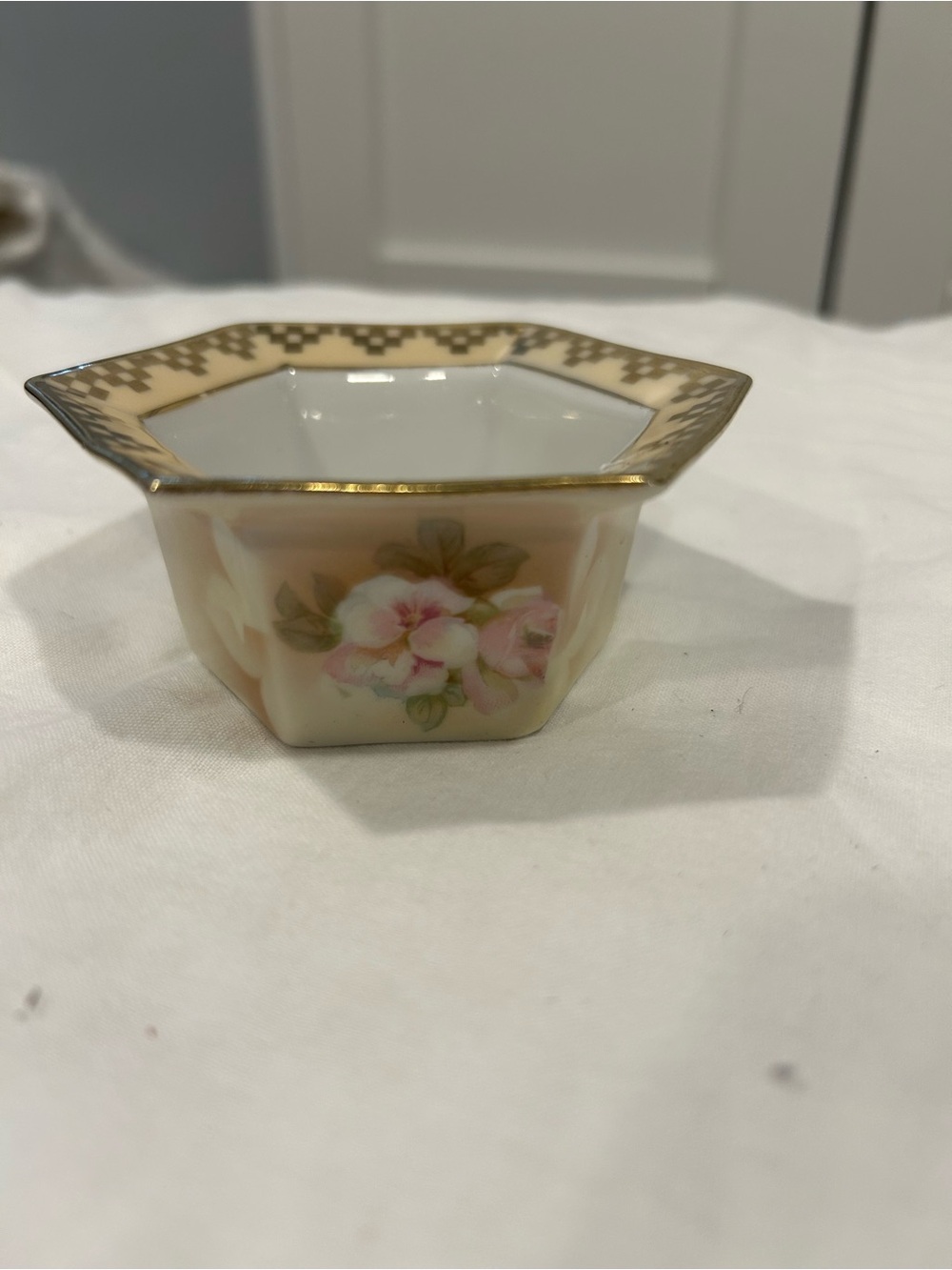 Antique Hexagonal Floral Porcelain Dish with Gold Trim